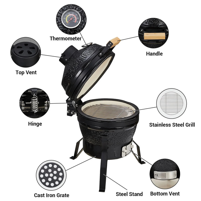13-Inch Portable Ceramic Charcoal Grill with Stand, Egg-Shaped Design, 10.6-Inch Stainless Steel Cooking Grate, Heat Deflectors, and Ash Tool for Camping and Outdoor Grilling