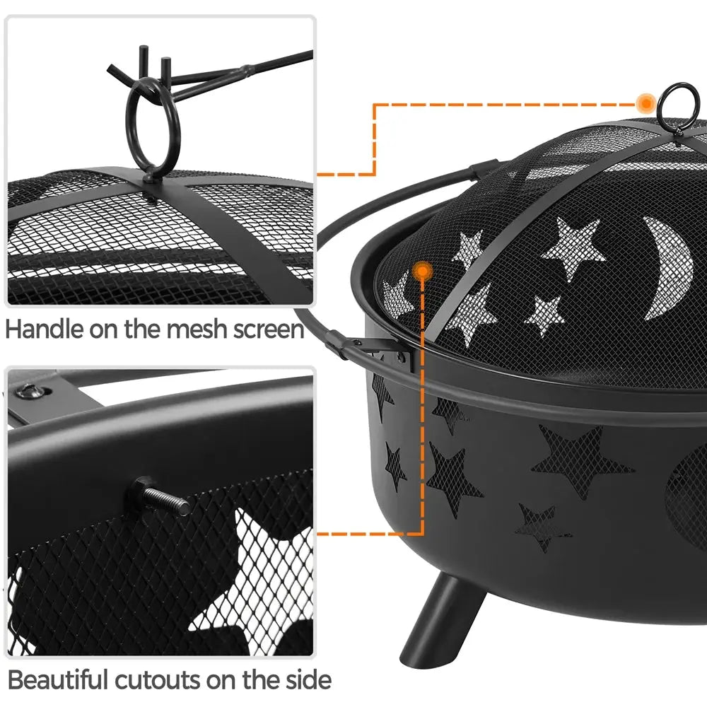 Iron Fire Pit with Poker Mesh Cover for BBQ Backyard Patio, Black