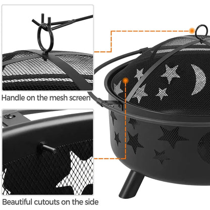Iron Fire Pit with Poker Mesh Cover for BBQ Backyard Patio, Black