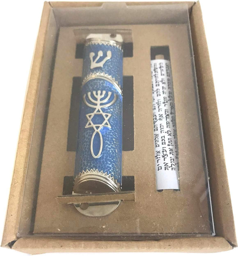 Mezuzah Case - 4.1 Inches, Blue and Silver Frame, Includes Scroll, Metal Wall Mount