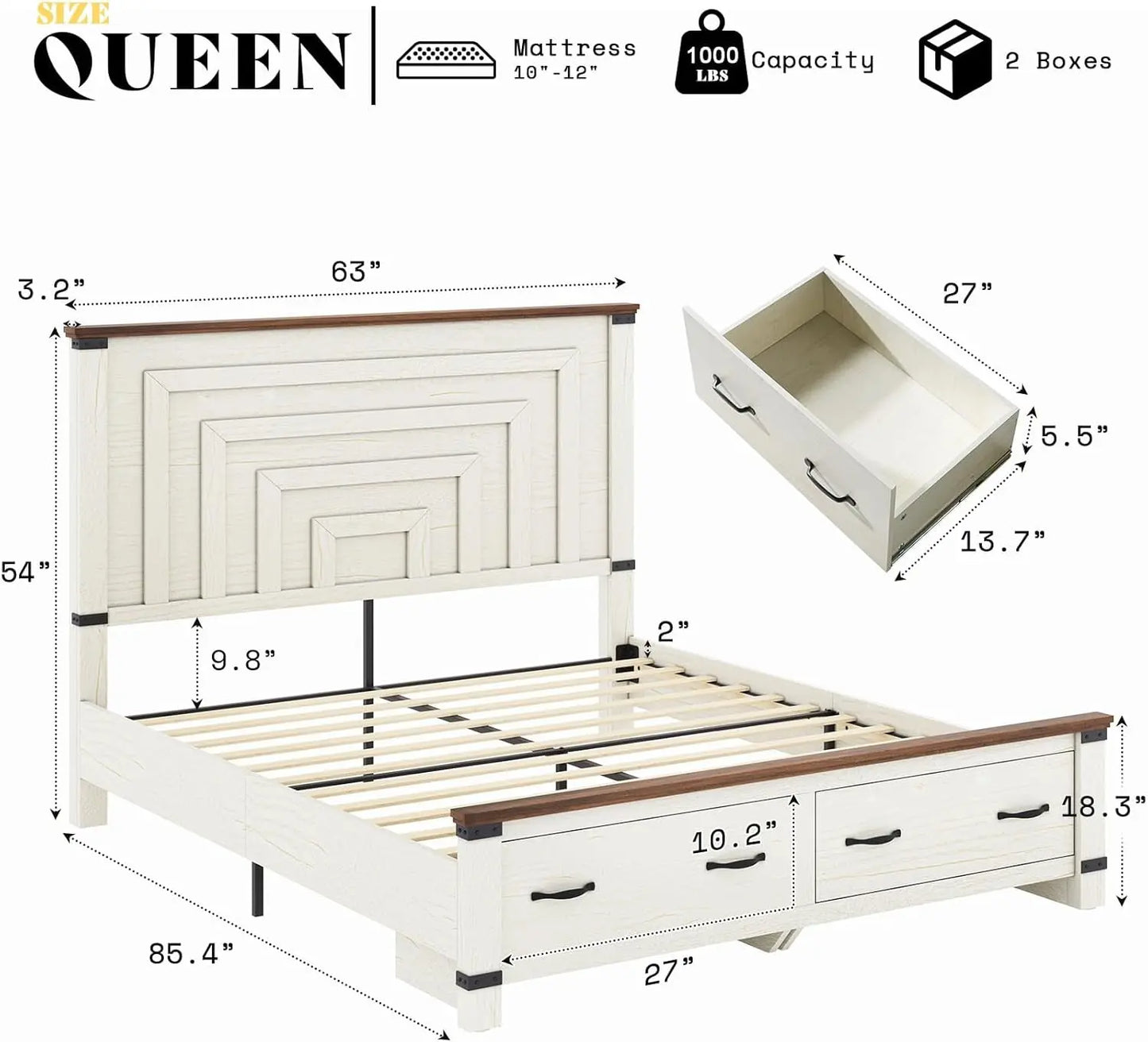 5 Pieces Farmhouse Bedroom Set, Includes Wood Rustic Queen Bed Frame with 54" Tall Headboard, 6 Drawer Dresser Chest, 5 Drawer Tall Dresser, Nightstands Set of 2 with Charging Station, White