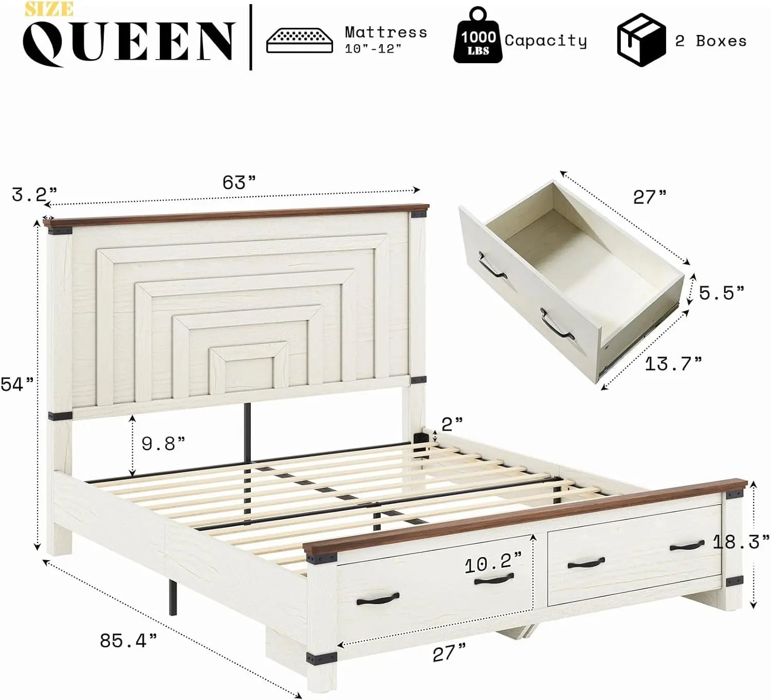 5 Pieces Farmhouse Bedroom Set, Includes Wood Rustic Queen Bed Frame with 54" Tall Headboard, 6 Drawer Dresser Chest, 5 Drawer Tall Dresser, Nightstands Set of 2 with Charging Station, White