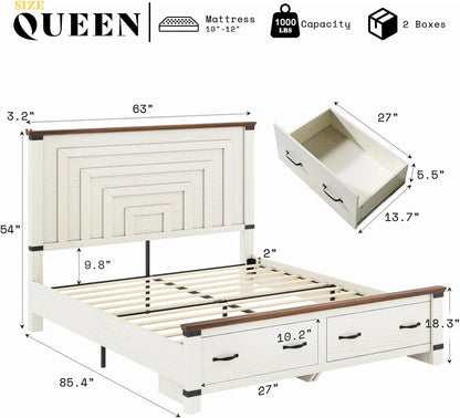 5 Pieces Farmhouse Bedroom Set, Includes Wood Rustic Queen Bed Frame with 54" Tall Headboard, 6 Drawer Dresser Chest, 5 Drawer Tall Dresser, Nightstands Set of 2 with Charging Station, White