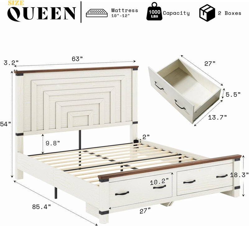 5 Pieces Farmhouse Bedroom Set, Includes Wood Rustic Queen Bed Frame with 54" Tall Headboard, 6 Drawer Dresser Chest, 5 Drawer Tall Dresser, Nightstands Set of 2 with Charging Station, White