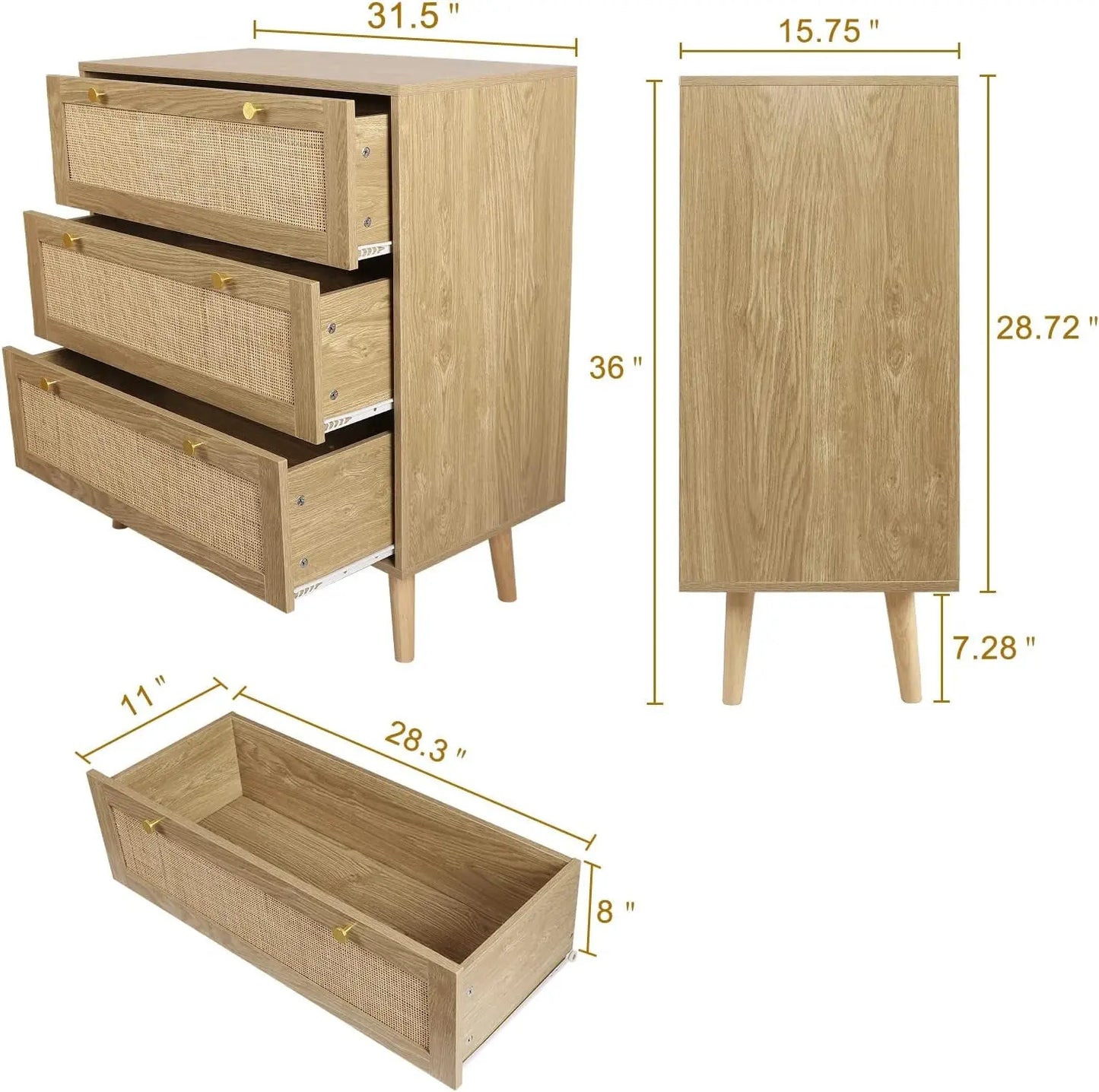3 Drawer Dresser for Bedroom, Rattan Dresser Modern Wood Chest of Drawers with Spacious Storage for Bedroom Hallway Living Room, Rustic Oak, H0027