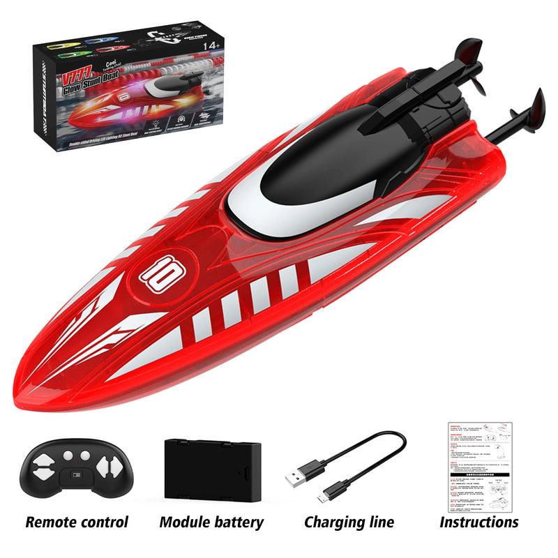 Remote Control Boat with LED Lights, 2.4G RC Electric Speed Boat, Waterproof, Includes Batteries - Red