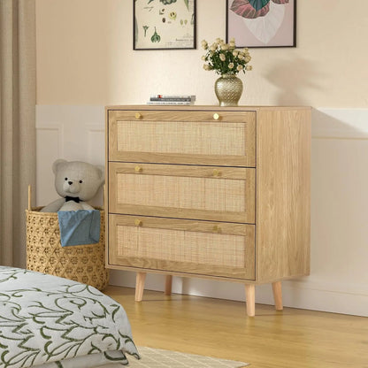 3 Drawer Dresser for Bedroom, Rattan Dresser Modern Wood Chest of Drawers with Spacious Storage for Bedroom Hallway Living Room, Rustic Oak, H0027