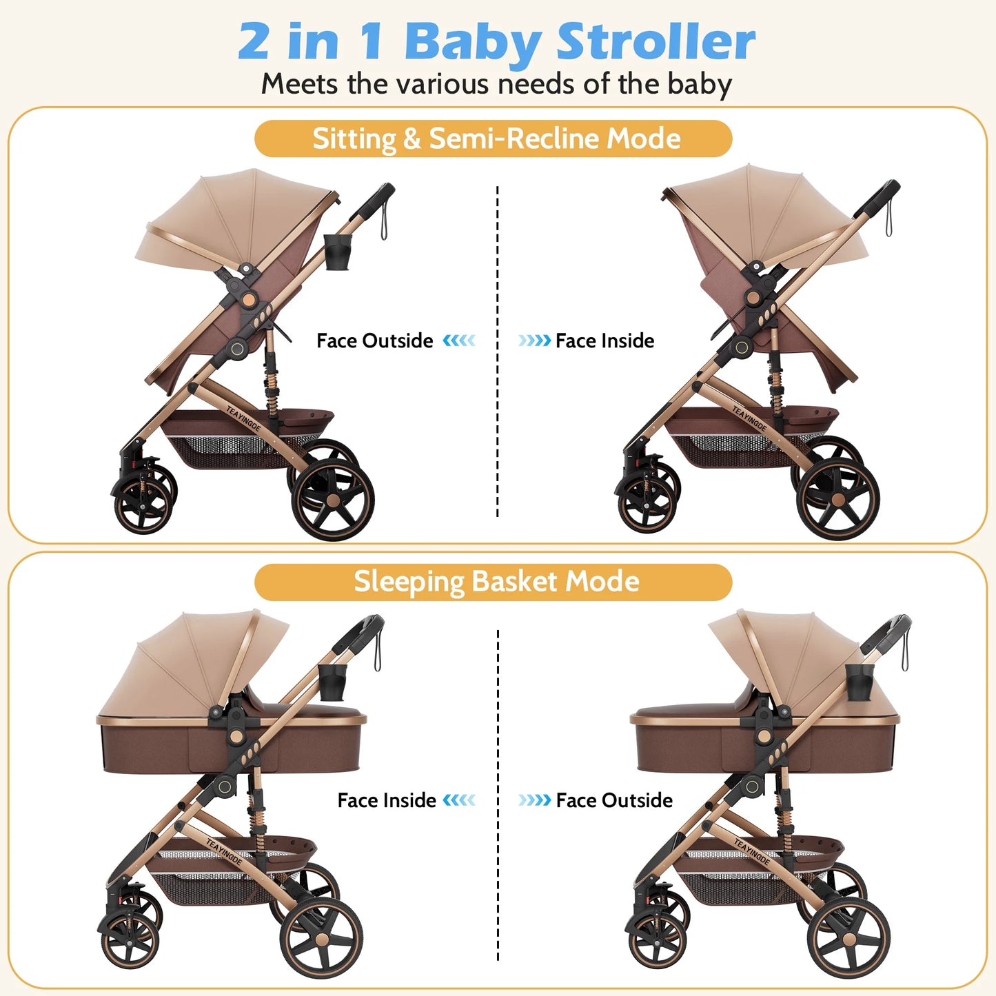 Versatile 2-in-1 Baby Stroller: Lightweight, Foldable, and Reversible Bassinet Pram in Brown with Cup Holder and Storage Bag