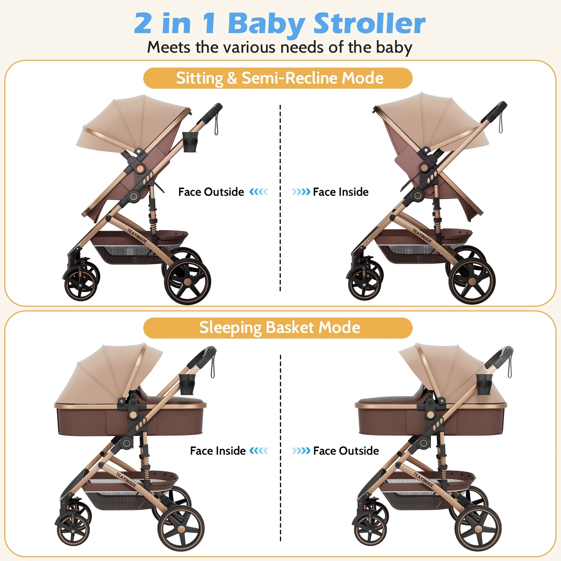 Versatile 2-in-1 Baby Stroller: Lightweight, Foldable, and Reversible Bassinet Pram in Brown with Cup Holder and Storage Bag