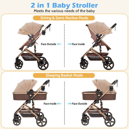 Versatile 2-in-1 Baby Stroller: Lightweight, Foldable, and Reversible Bassinet Pram in Brown with Cup Holder and Storage Bag