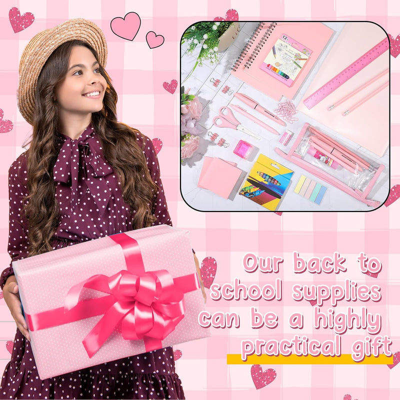 48 Pcs Back to School Gifts for Students School Stationary Set Essentials Bundle Include Folders Notebooks Rulers Scissors Pencils Pens and Much More(Pink)