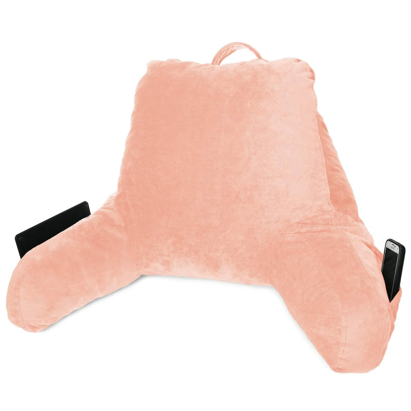 Bed Rest Reading Pillow with Arms and Pockets, for Kids Teens & Adults - Premium Shredded Memory Foam TV Pillow, Medium, Peach