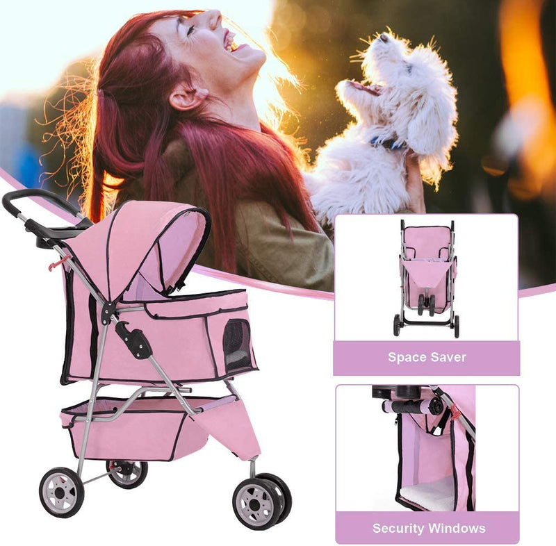 Stylish Pink Pet Stroller for Small Dogs & Cats – Waterproof, Easy to Travel with Cup Holder!