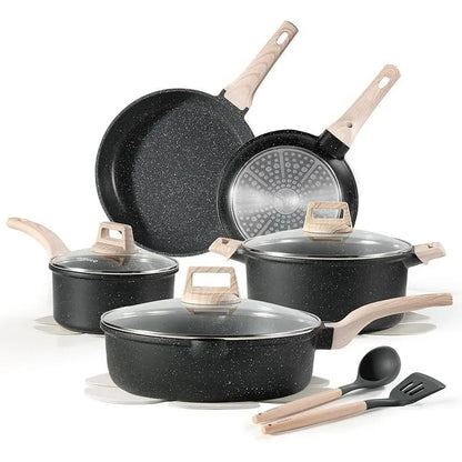 14-Piece Nonstick Pots and Pans Set – Complete Kitchen Cookware with Utensils and Pan Protectors, Black Design Cooking Home Modern Wooden Ceramic