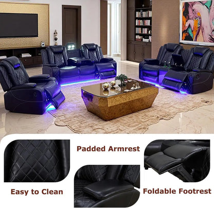 Power Recliner Sofa Set, Black Leather 3 Pieces Sectional Couch, Living Room Furniture Sets with LED Light, Modern Power Reclining Sets with Storage Console/Cup Holder for Living Room