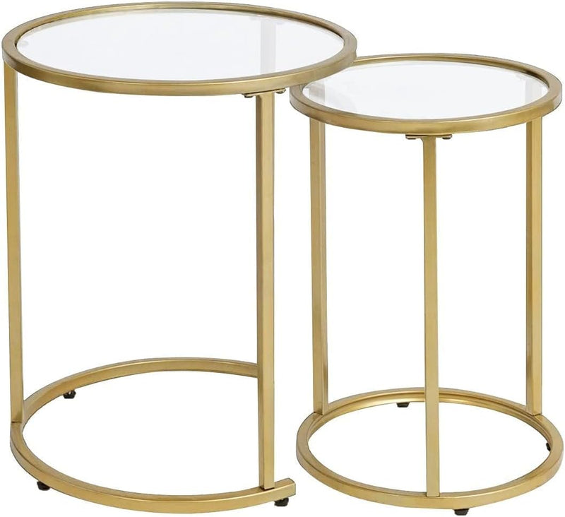 Set of 2 Gold Glass Nesting Side Tables - Round Stacking Coffee Tables for Small Spaces, Ideal for Living Room and Bedroom Decor