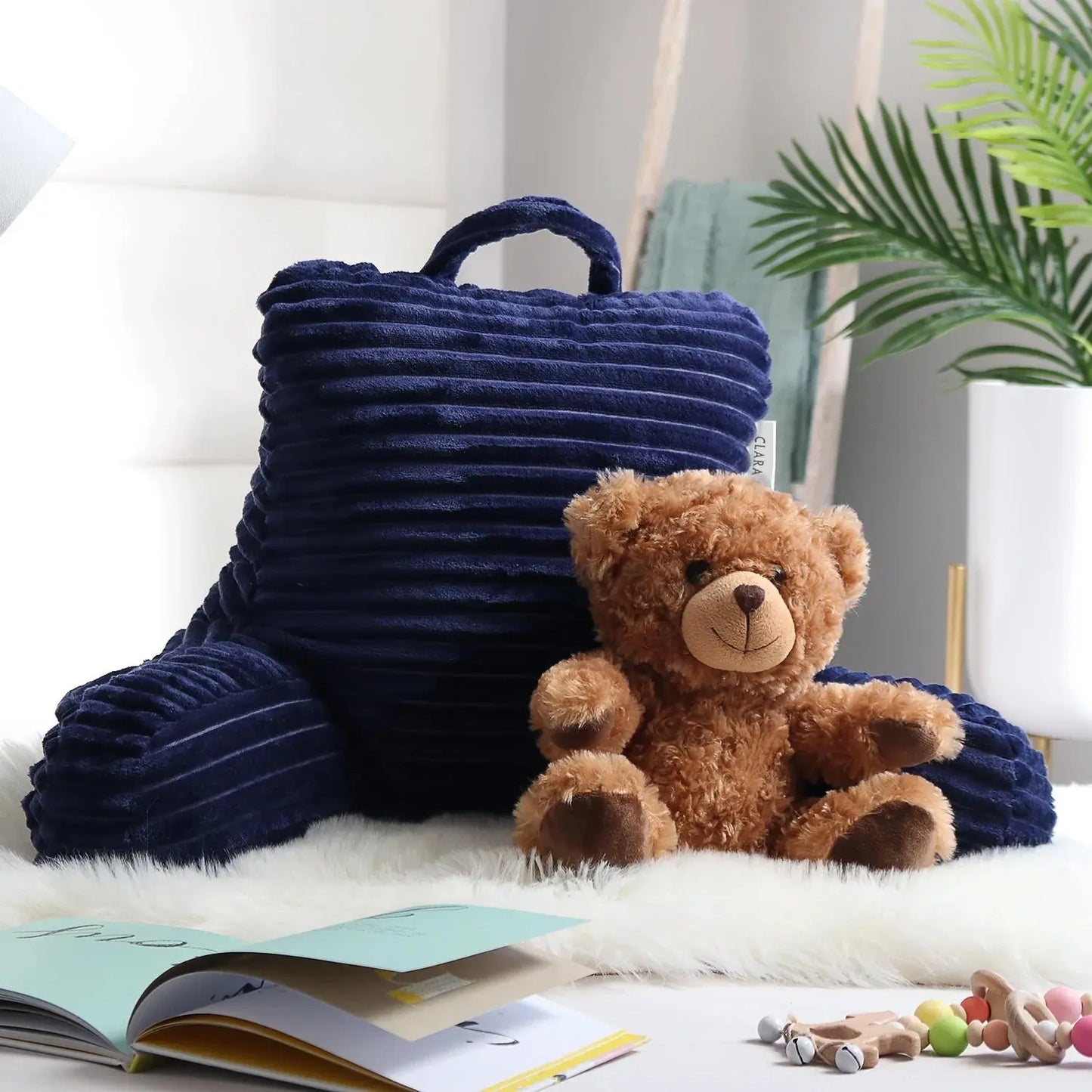 Cut Plush Striped - Shredded Memory Foam Bed Rest Pillow with Arms, Navy