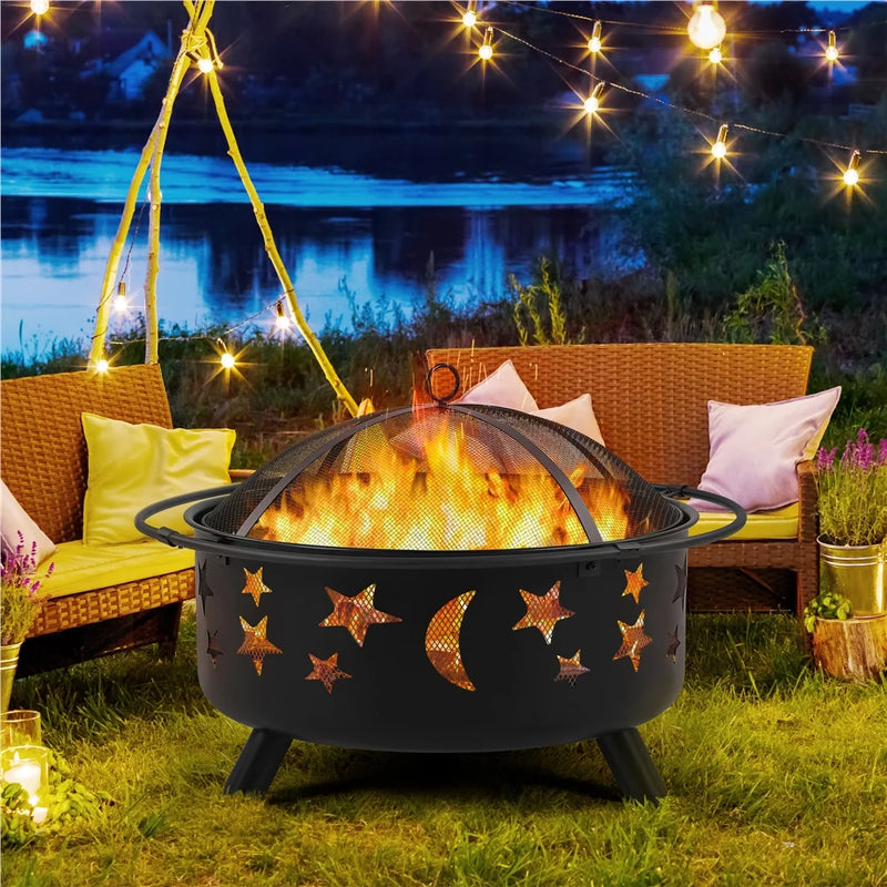 Iron Fire Pit with Poker Mesh Cover for BBQ Backyard Patio, Black
