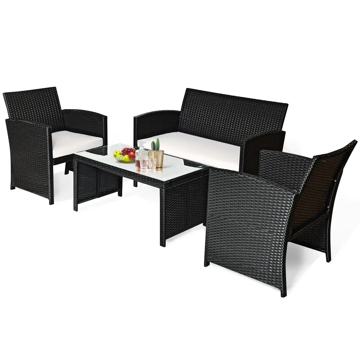 4PCS Patio Rattan Furniture Set Table &Sofa W/Cushion Garden Black