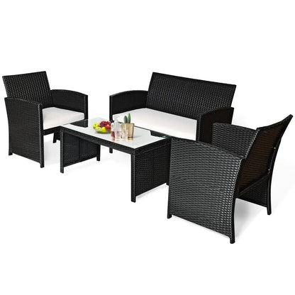 4PCS Patio Rattan Furniture Set Table &Sofa W/Cushion Garden Black