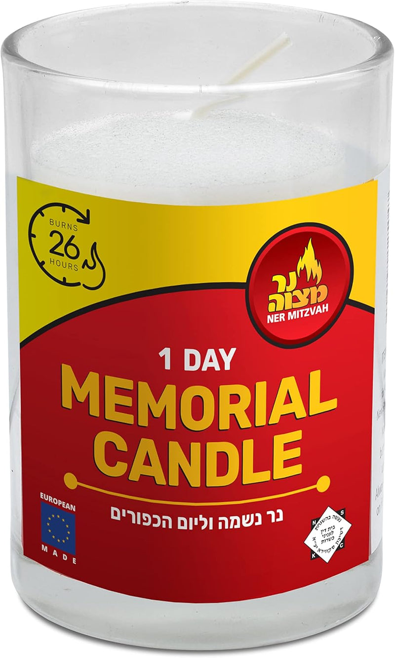 1 Day Yahrtzeit Candle - 6 Pack - 24 Hour Kosher Memorial and Yom Kippur Candle in Glass Jar