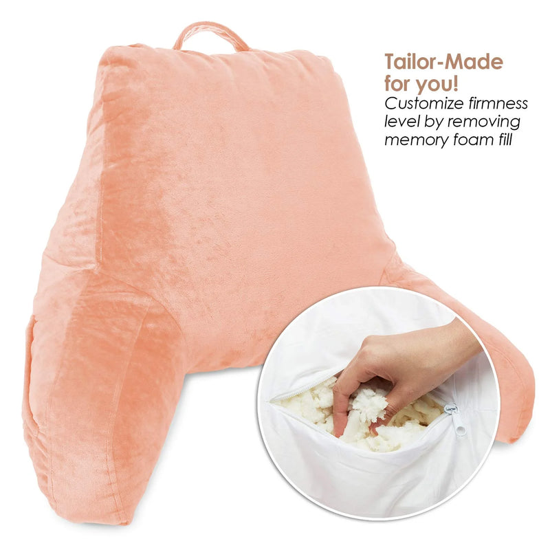 Bed Rest Reading Pillow with Arms and Pockets, for Kids Teens & Adults - Premium Shredded Memory Foam TV Pillow, Medium, Peach