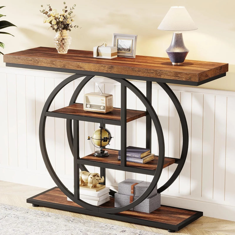 Industrial 41.3" Console Table, 4-Tier Sofa Table Narrow Wood Entryway Table with Storage Shelves for Living Room, Rustic Brown