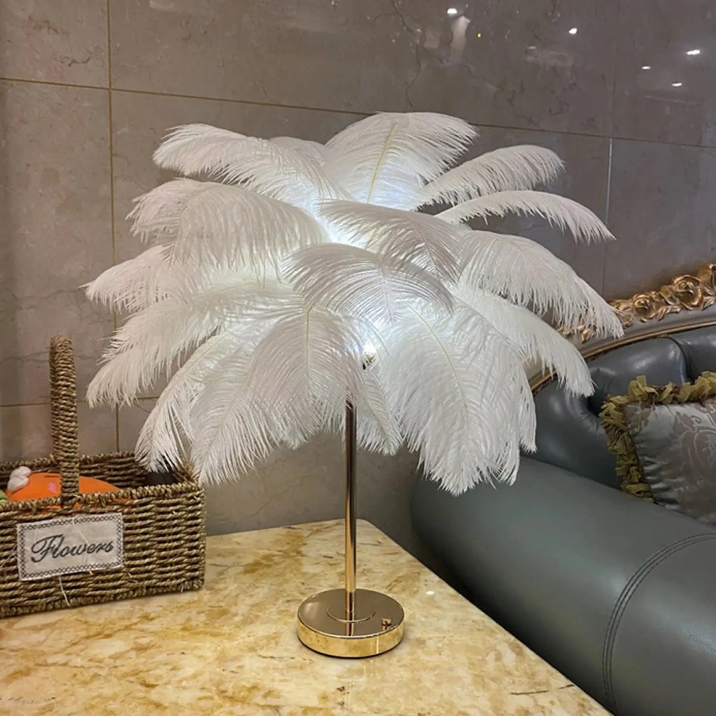 Touch Switch Feather Lamp, Feather Table Lamp, Touch Switch USB Ostrich Feather Lamp 3 Color Dimming Desk Lamp with Gold Metal Base 30Pcs Feather