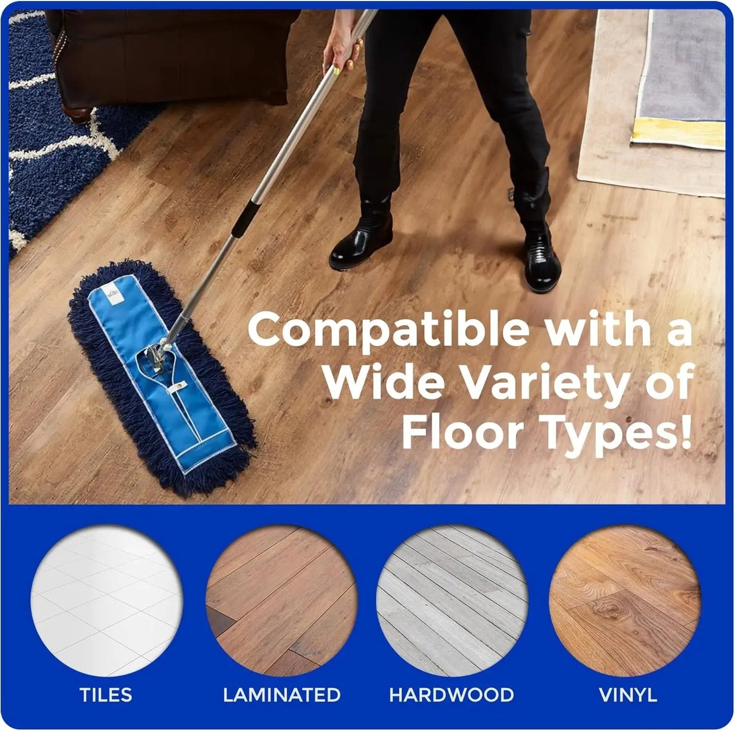 48" Premium Nylon Dust Mop- Heavy Duty Mop Head for Industrial, Commercial, and Residential Cleaning - Dry Floor Duster for Hardwood Surfaces and Commercial Applications - Blue