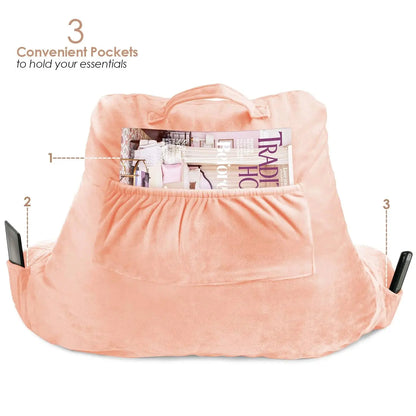 Bed Rest Reading Pillow with Arms and Pockets, for Kids Teens & Adults - Premium Shredded Memory Foam TV Pillow, Medium, Peach