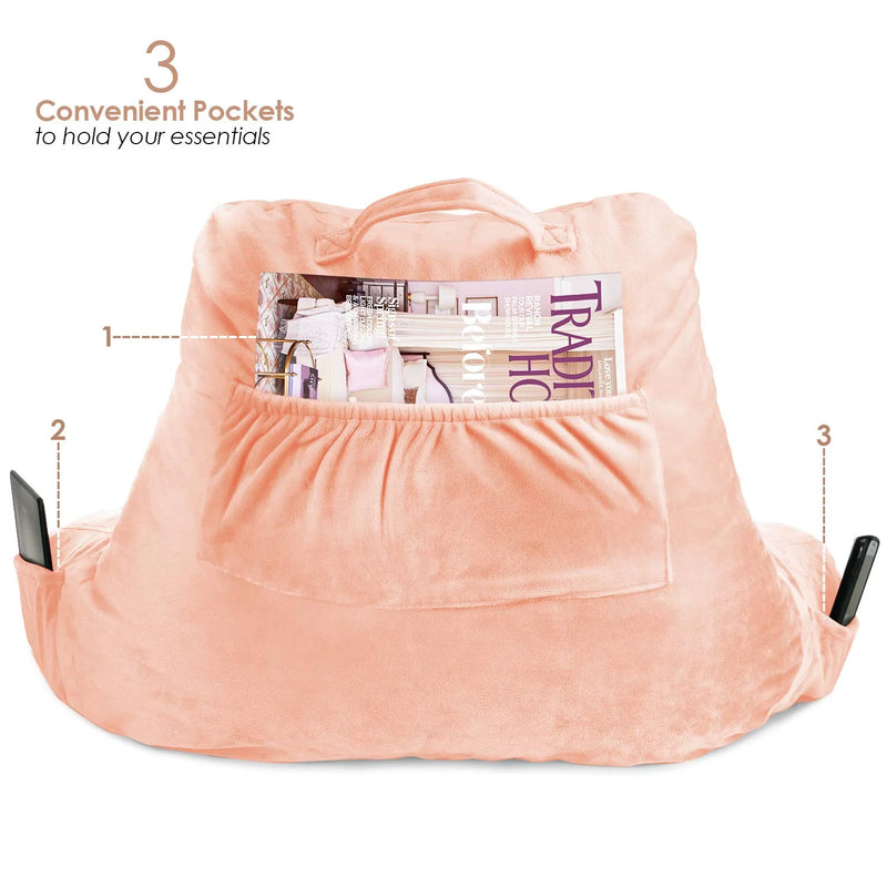 Bed Rest Reading Pillow with Arms and Pockets, for Kids Teens & Adults - Premium Shredded Memory Foam TV Pillow, Medium, Peach