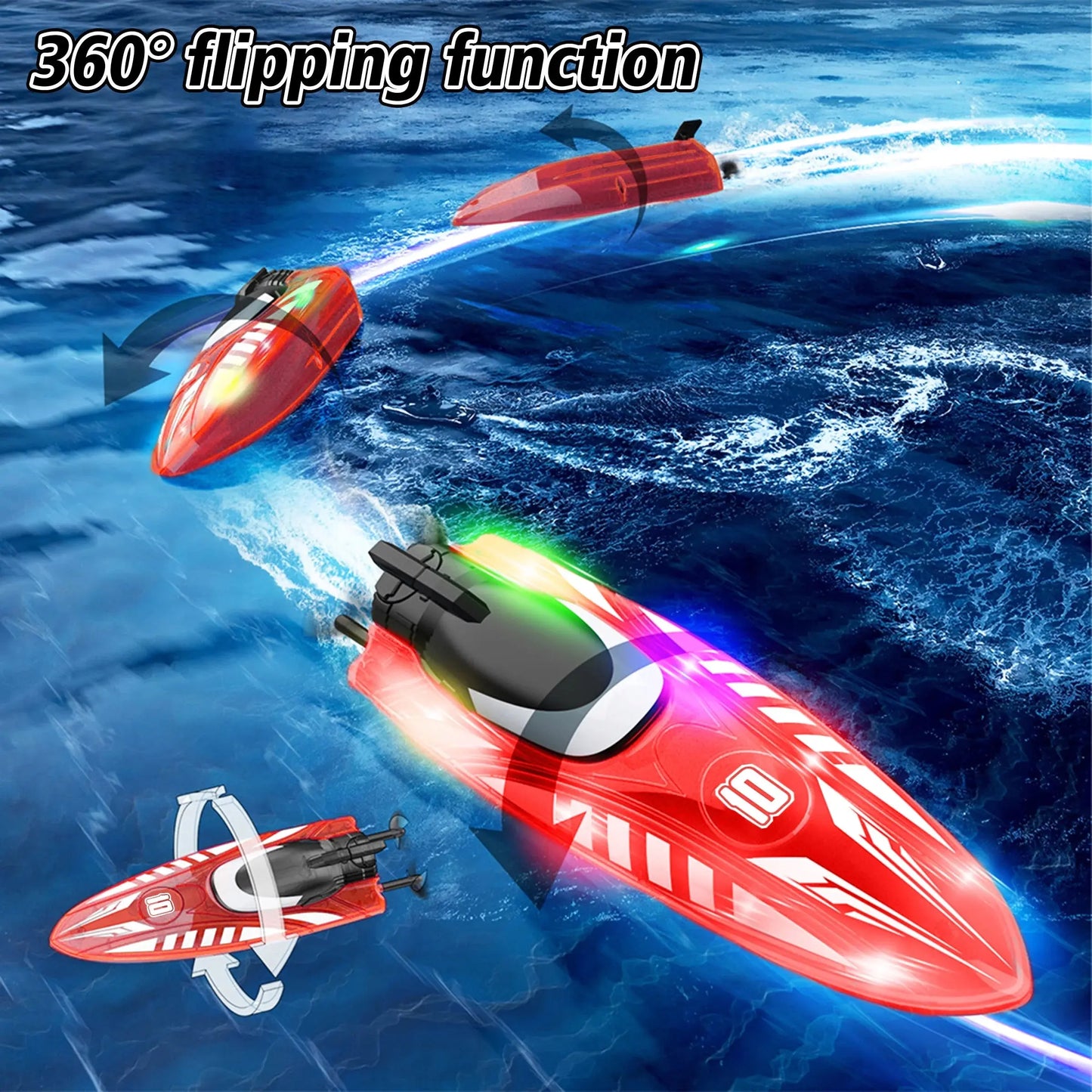 Remote Control Boat with LED Lights, 2.4G RC Electric Speed Boat, Waterproof, Includes Batteries - Red