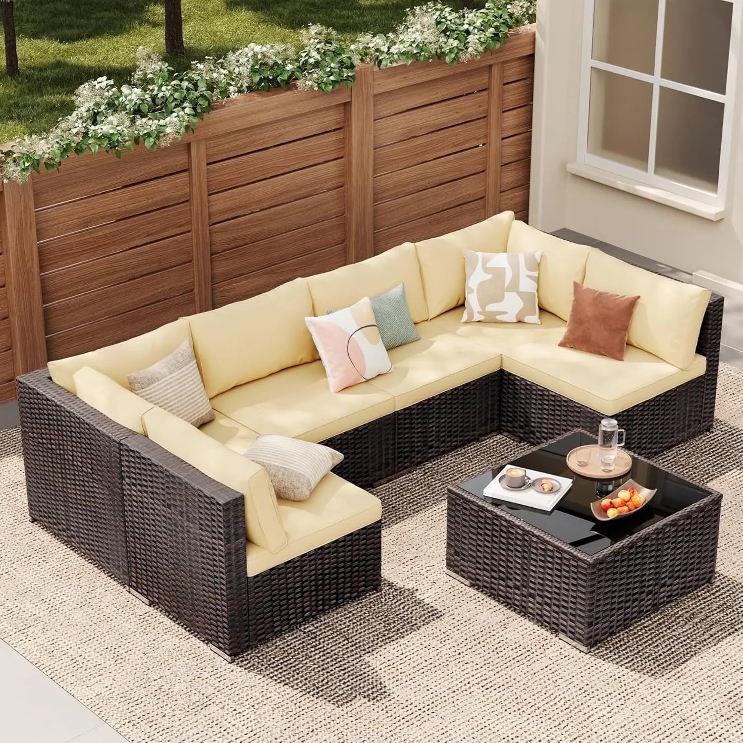 Patio Furniture Set 7-Piece Outdoor Seating Sofa Set with Glass Coffee Table, Beige
