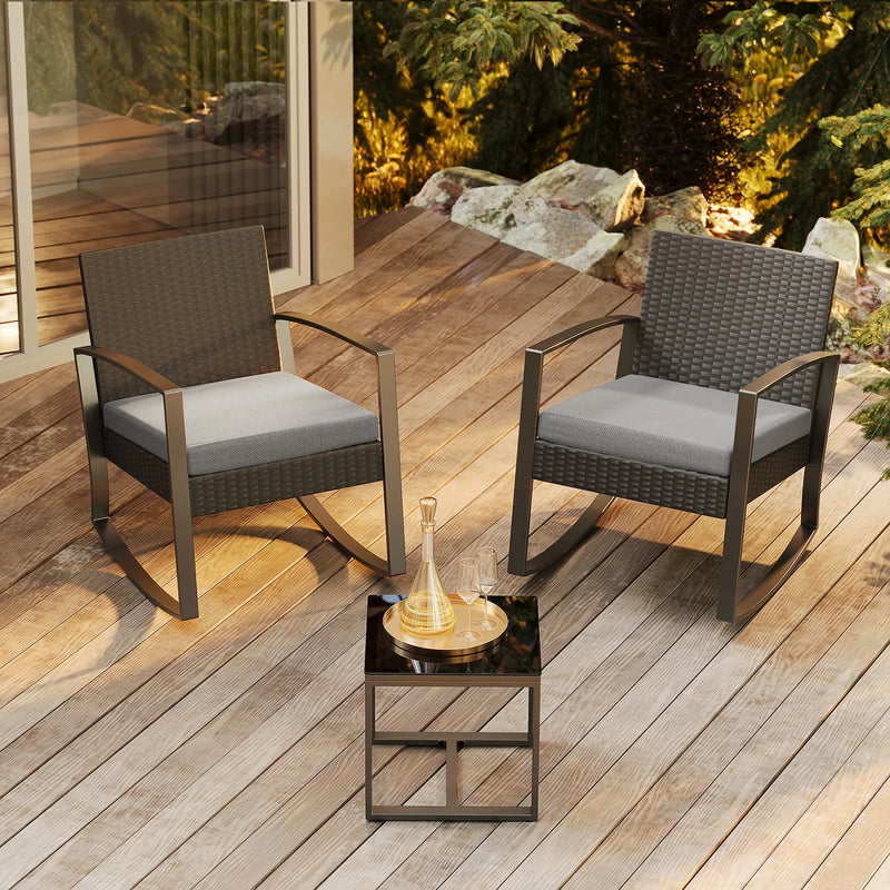 3-Piece Outdoor Rocking Chairs, Patio Furniture with Thickened Cushions and Coffee Table for Garden, Balcony, Porch, Backyard, Gray