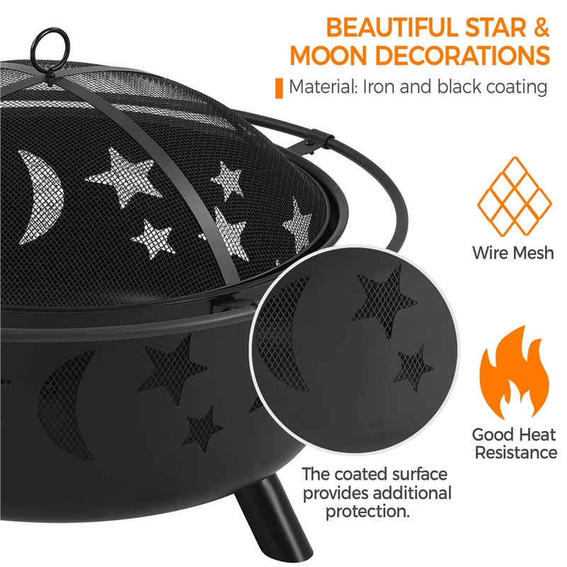 Iron Fire Pit with Poker Mesh Cover for BBQ Backyard Patio, Black