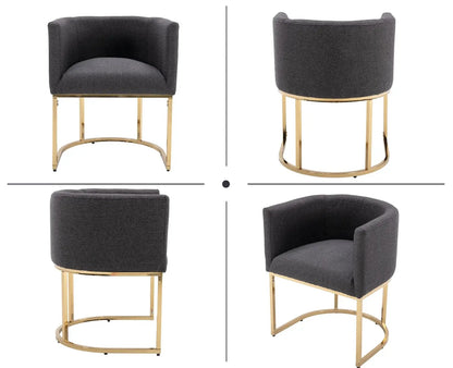 Modern Linen Dining Chair, Mid-Century Upholstered Barrel Kitchen Chairs Fabric Side Chair with Metal Legs and Curved Back for Living Room Dining Room Bedroom, Charcoal
