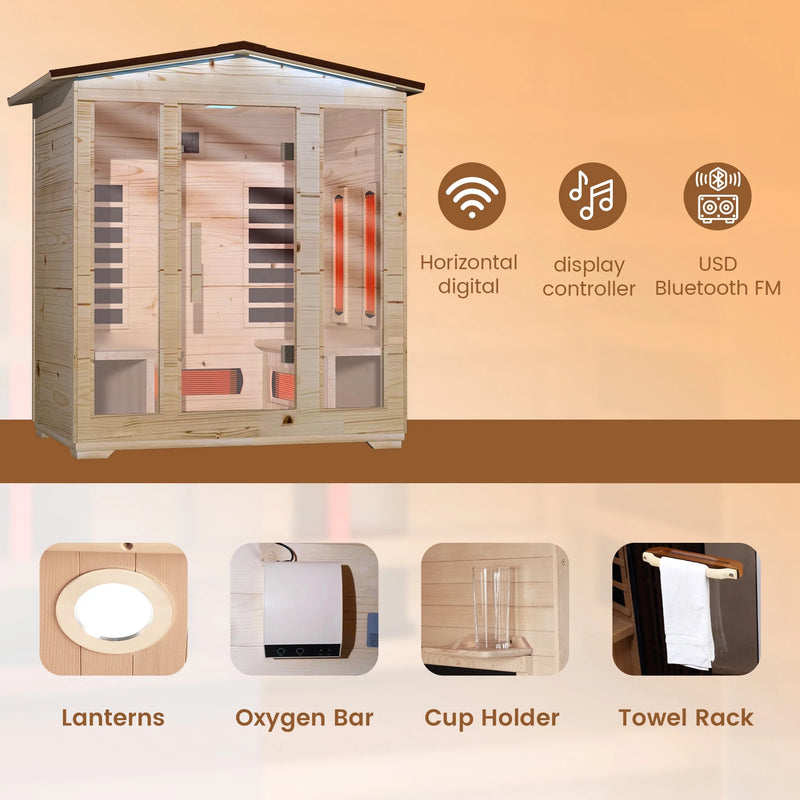 Outdoor Sauna, 4 Person Far Infrared Sauna, 10 Minutes Warm up Home Sauna, 3060Watt