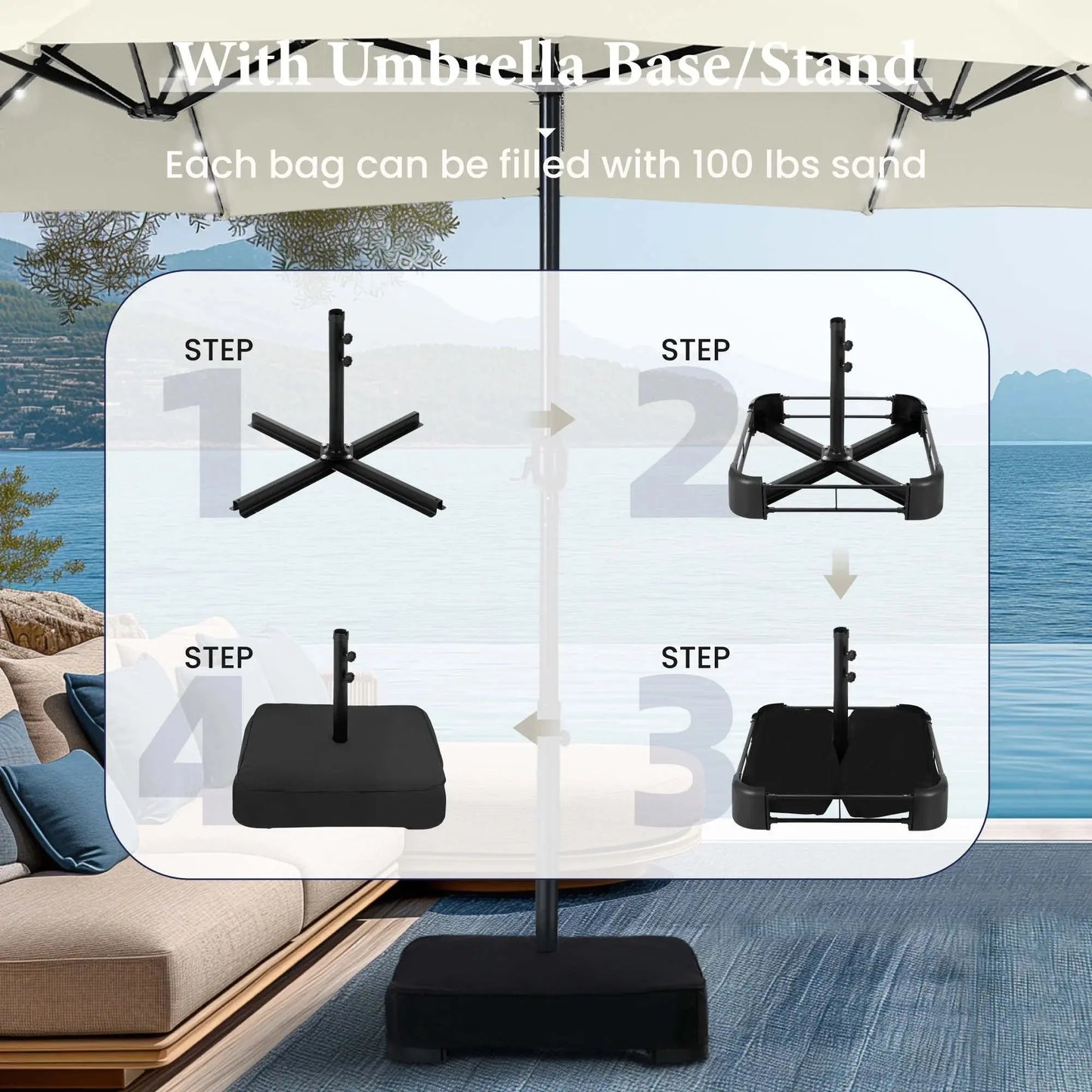 15Ft Double-Sided Solar Patio Umbrella with Base (Included) Large Outdoor Umbrella with Solar Lights - Ivory