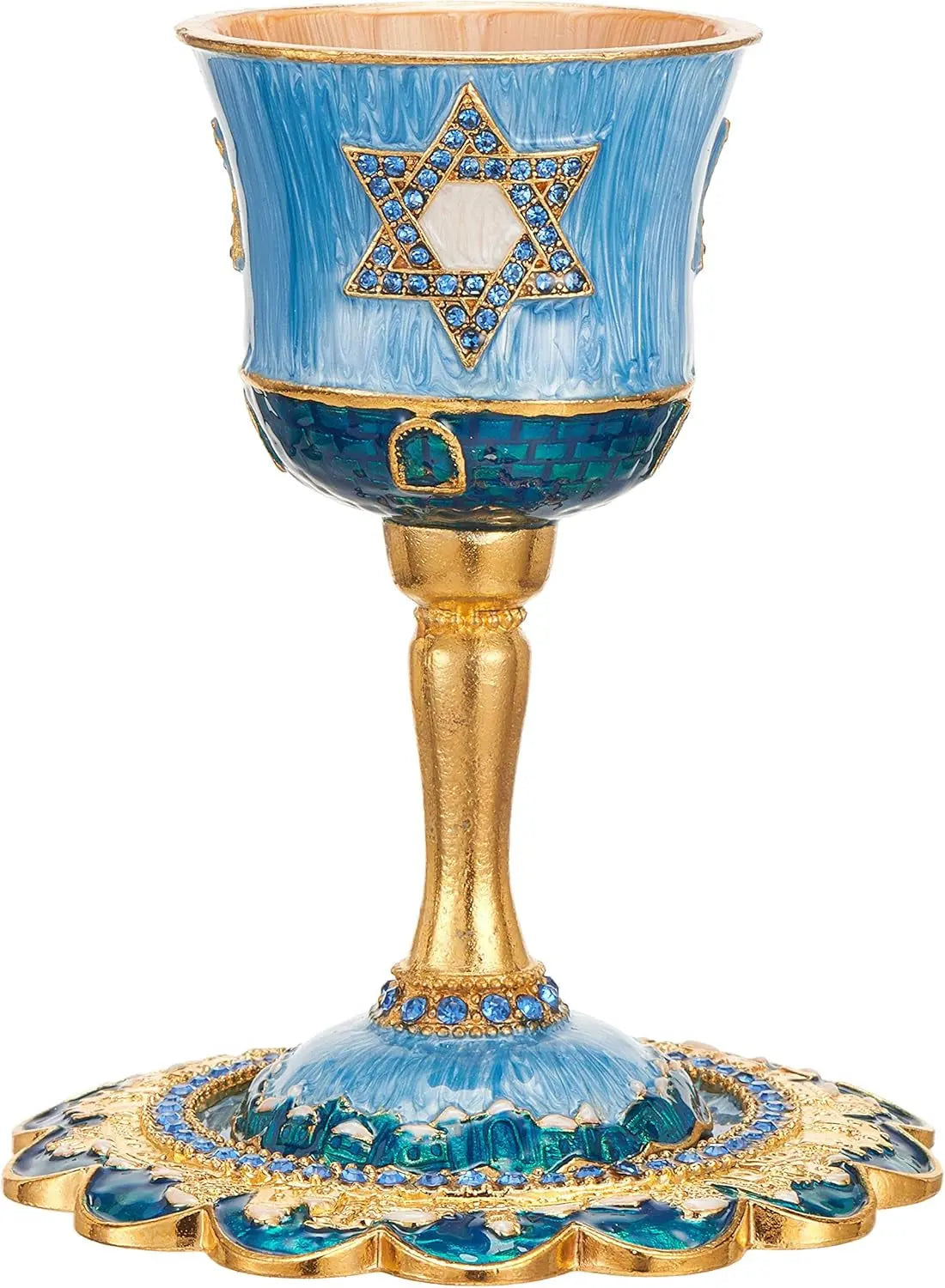 Hand-Painted Enamel Tall 5&quot; Kiddush Cup Set W/Stem &amp; Tray Embellished W/Crystals and Star of David Design for Weddings Shabbat Havdalah Passover Goblet Judaica Gift Cup