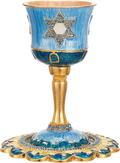 Hand-Painted Enamel Tall 5&quot; Kiddush Cup Set W/Stem &amp; Tray Embellished W/Crystals and Star of David Design for Weddings Shabbat Havdalah Passover Goblet Judaica Gift Cup
