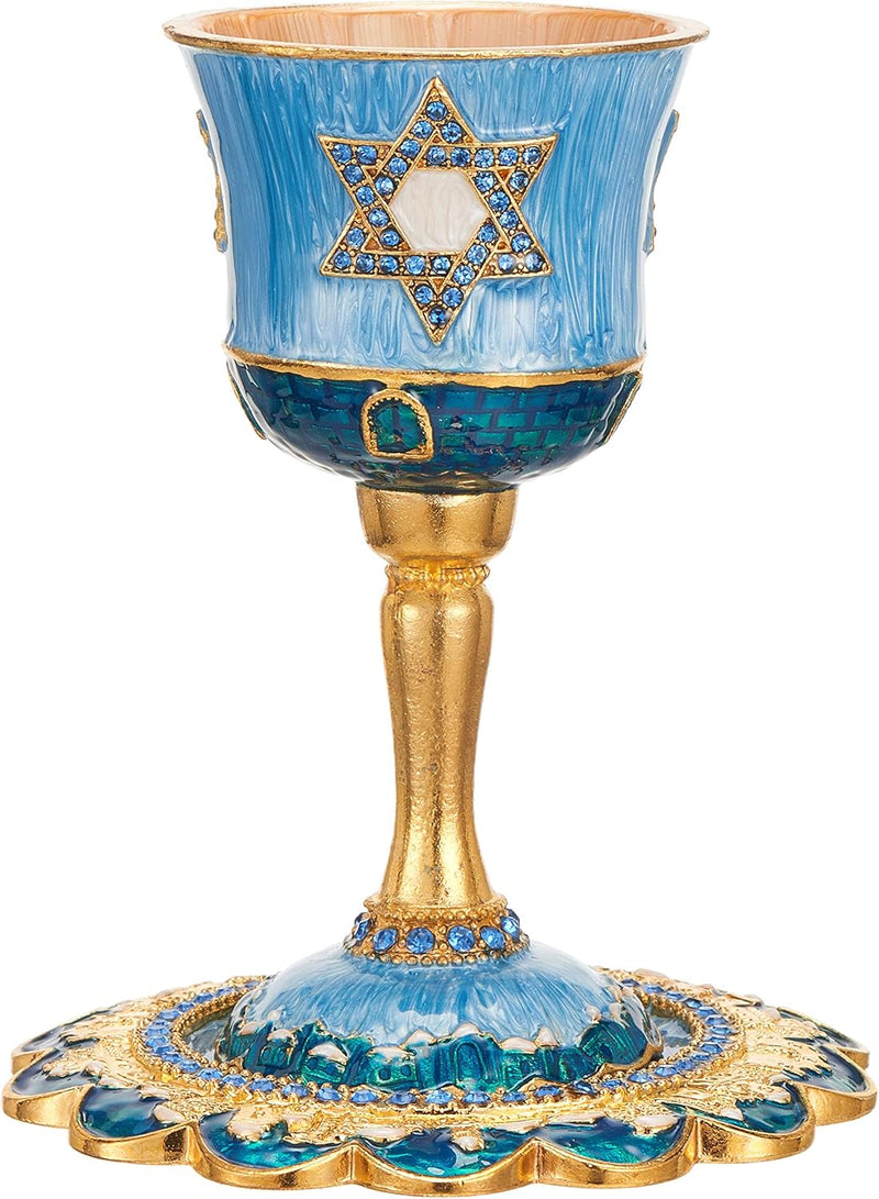 Hand-Painted Enamel Tall 5" Kiddush Cup Set W/Stem & Tray Embellished W/Crystals and Star of David Design for Weddings Shabbat Havdalah Passover Goblet Judaica Gift Cup