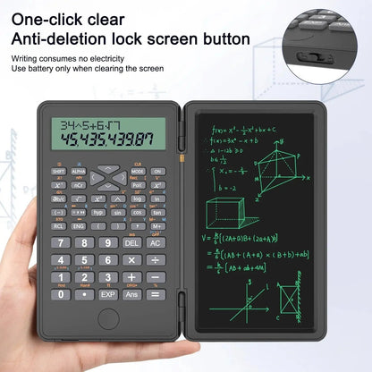 Versatile Scientific Calculator with Erasable Writing Board - 10-Digit LCD, Foldable Design for Students, Finance, Office, and Engineering Use