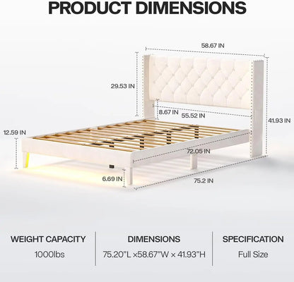 Full Size Bed Frame with Led Lights, Upholstered Velvet Platform Bed Frames with Button Tufted Wingback Headboard and Footboard, Wooden Slats Support, No Box Spring Needed, Beige