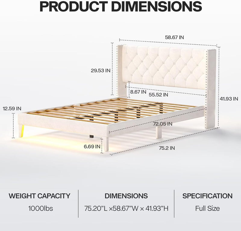 Full Size Bed Frame with Led Lights, Upholstered Velvet Platform Bed Frames with Button Tufted Wingback Headboard and Footboard, Wooden Slats Support, No Box Spring Needed, Beige