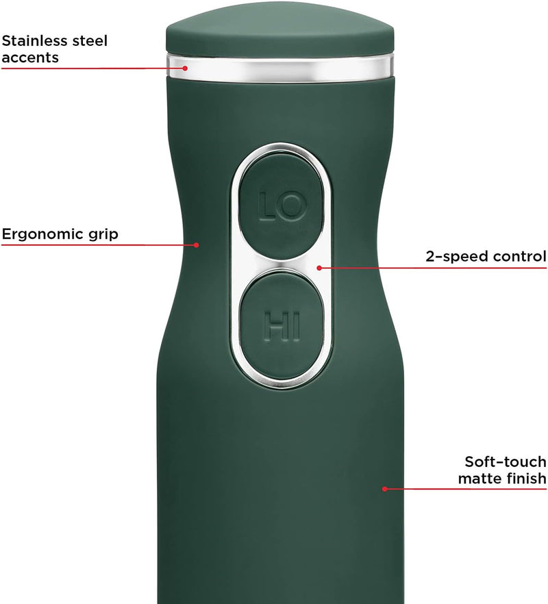 Immersion Stick Hand Blender with Stainless Steel Blades, Powerful Electric Ice Crushing 2-Speed Control Handheld Food Mixer, Purees, Smoothies, Shakes, Sauces & Soups, Forest