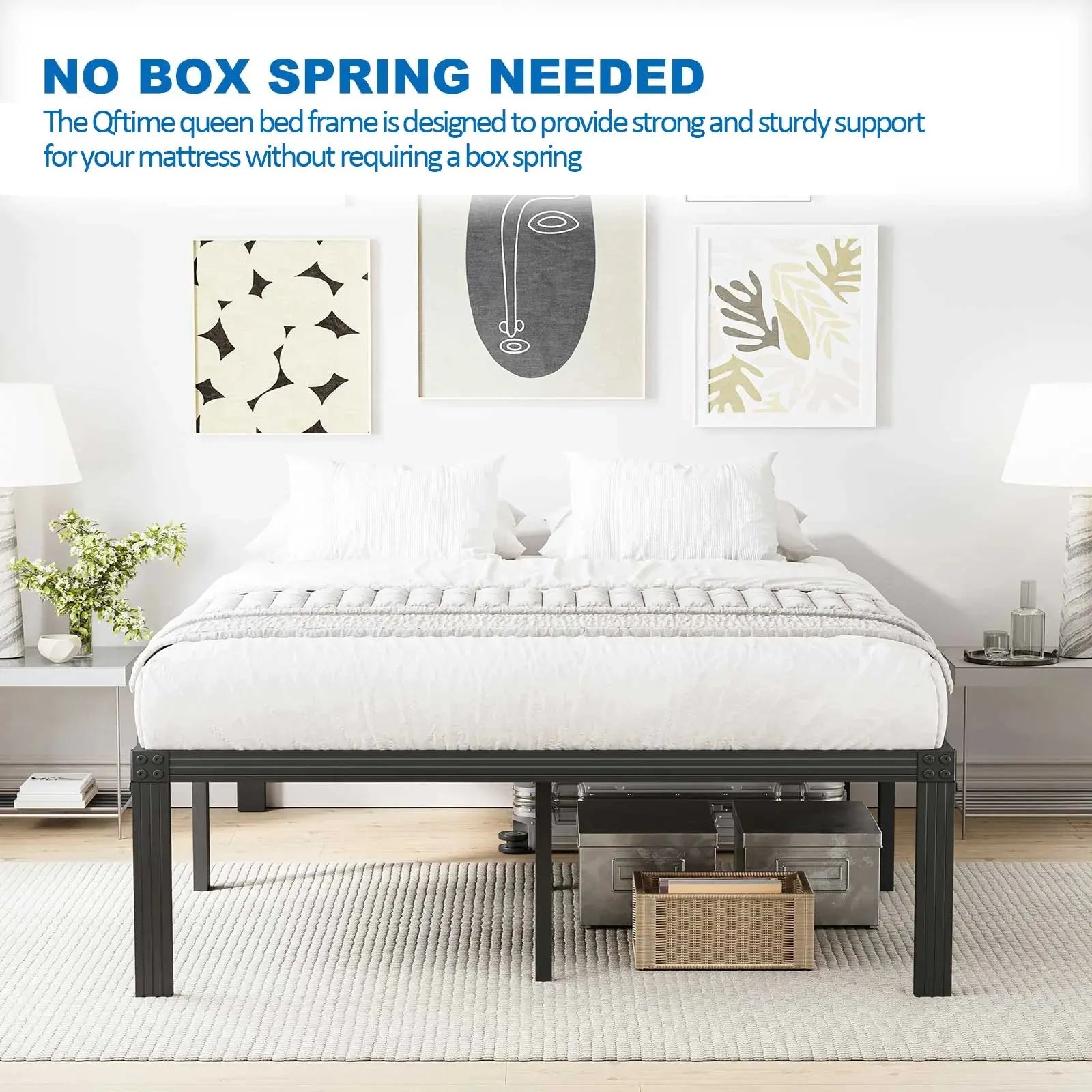 14" Queen Metal Bed Frame with Steel Slats, Heavy Duty Mattress Foundation