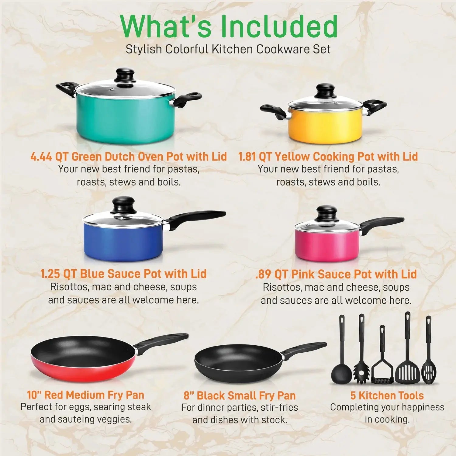 Cook Like a Pro with This 15-Piece Color Explosion Kitchenware Set – Pots, Pans, and Utensils Galore!
