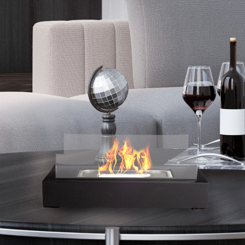 Bio Ethanol Rectangular Portable Firepit - Indoor or Outdoor Ventless Tabletop Firepit with 360-View (Black)