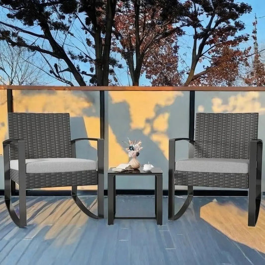 3-Piece Outdoor Rocking Chairs, Patio Furniture with Thickened Cushions and Coffee Table for Garden, Balcony, Porch, Backyard, Gray