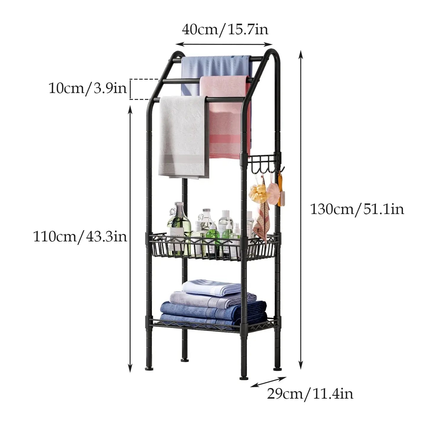 Metal 3 Tiers Free-Standing Towel Rack, Adjustable Bathroom Storage Organizer Shelf, Bath Towel Standing Shelf for Swimming Pool, Black